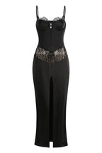 Flowering Girl Women Satin Lace-Trimmed Slit Slip Maxi Dress in Black