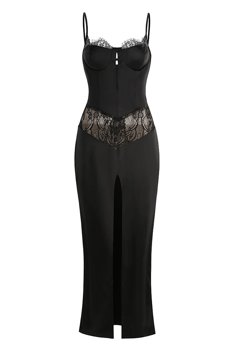 Flowering Girl Women Satin Lace-Trimmed Slit Slip Maxi Dress in Black