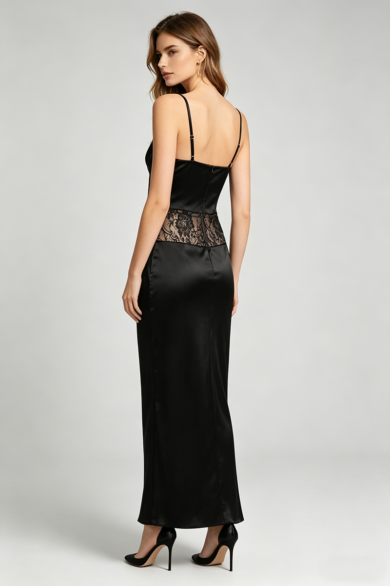 Flowering Girl Women Satin Lace-Trimmed Slit Slip Maxi Dress in Black