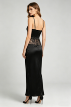 Flowering Girl Women Satin Lace-Trimmed Slit Slip Maxi Dress in Black