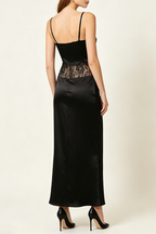 Flowering Girl Women Satin Lace-Trimmed Slit Slip Maxi Dress in Black