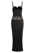 Flowering Girl Women Satin Lace-Trimmed Slit Slip Maxi Dress in Black