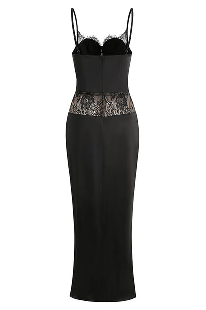 Satin Lace-Trimmed Slit Slip Maxi Dress in Black
