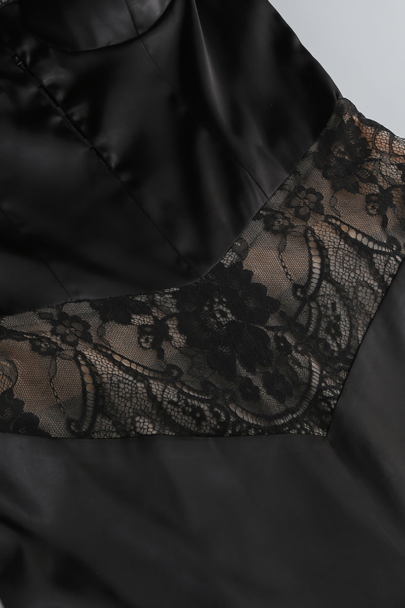 Flowering Girl Women Satin Lace-Trimmed Slit Slip Maxi Dress in Black