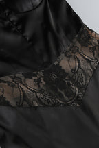 Flowering Girl Women Satin Lace-Trimmed Slit Slip Maxi Dress in Black
