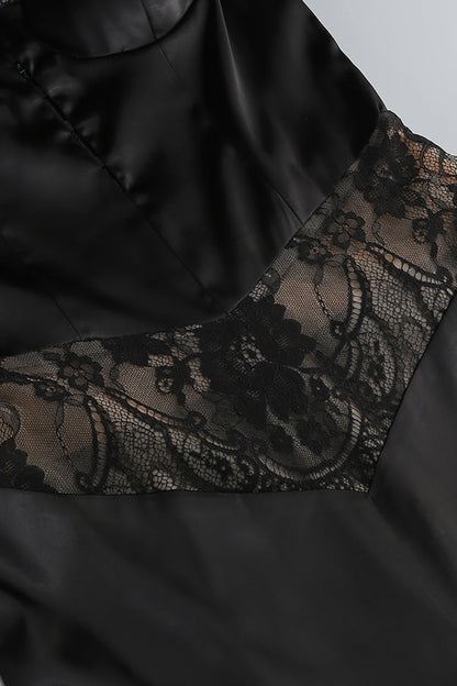 Satin Lace-Trimmed Slit Slip Maxi Dress in Black