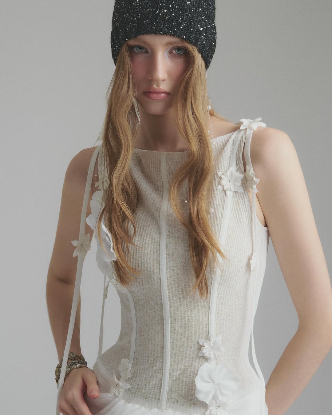 Flowering Girl Women flower embellished puff hem slim mini dress in white