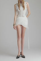 Flowering Girl Women flower embellished puff hem slim mini dress in white