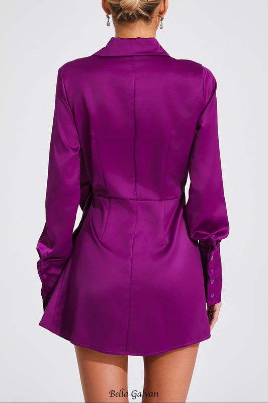 tiffany ruched satin shirt mini dress - purple