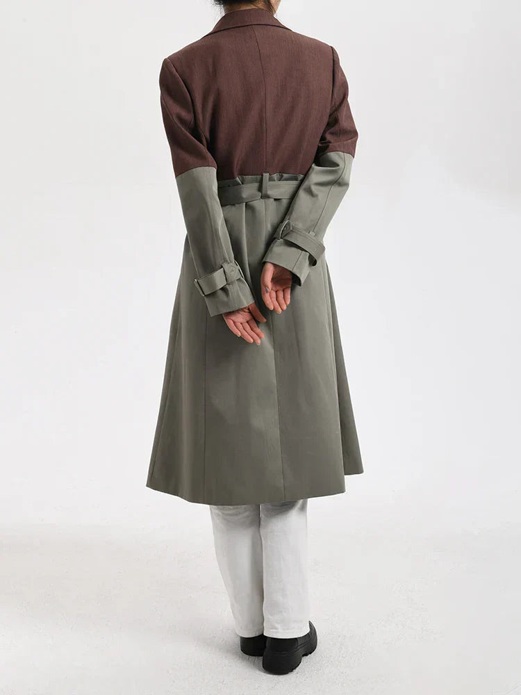 Flowering Girl Women Belted Blazer Trench Coat in Brown Gray