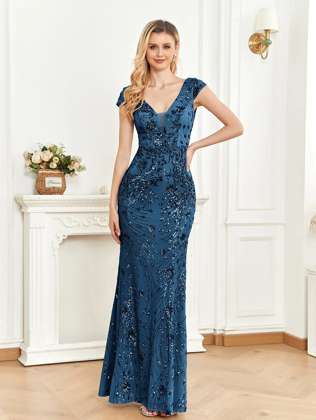 Addisyn Sequin Mermaid Evening Gown With Cap Sleeves