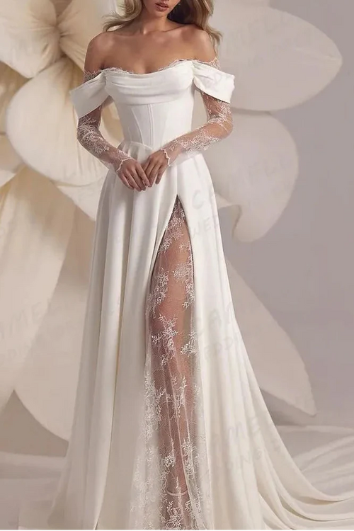 Flowering Girl Women A Line Off Shoulder Split Satin Lace Appliques Bridal Gowns