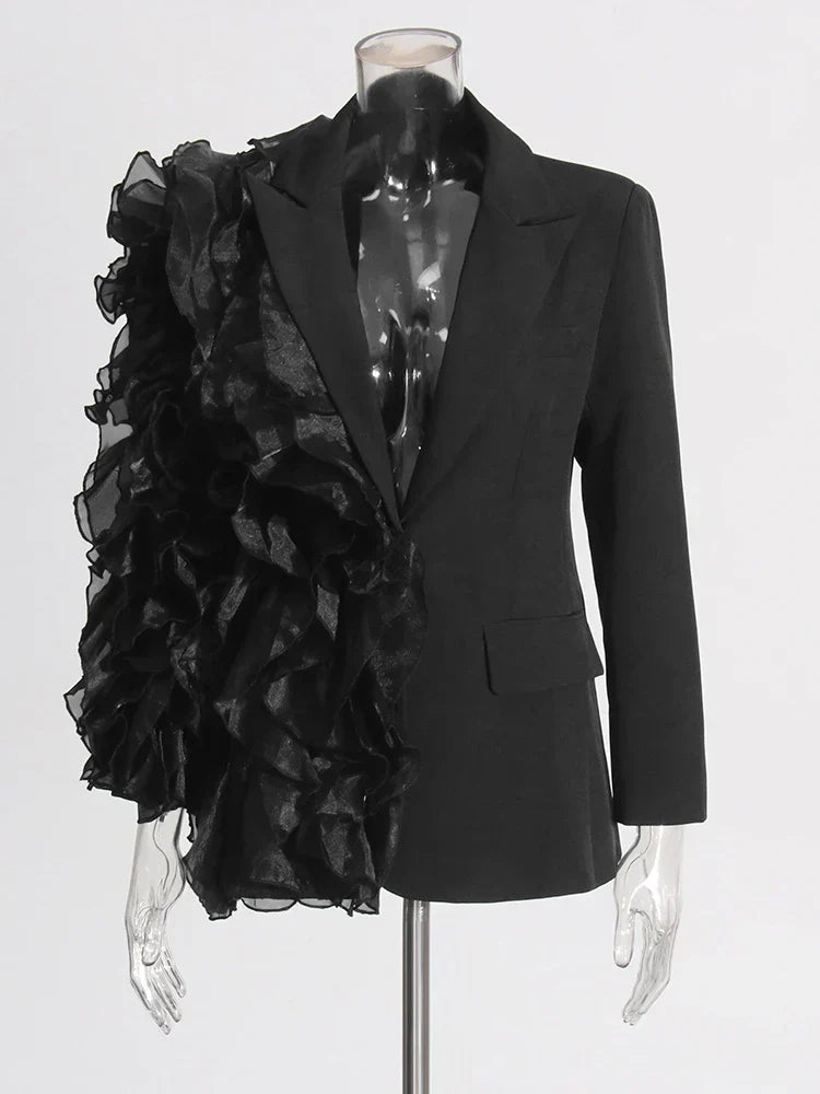 Flowering Girl Women Patchwork Ruffles Chic Blazer in black