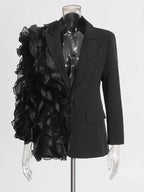 Flowering Girl Women Patchwork Ruffles Chic Blazer in black