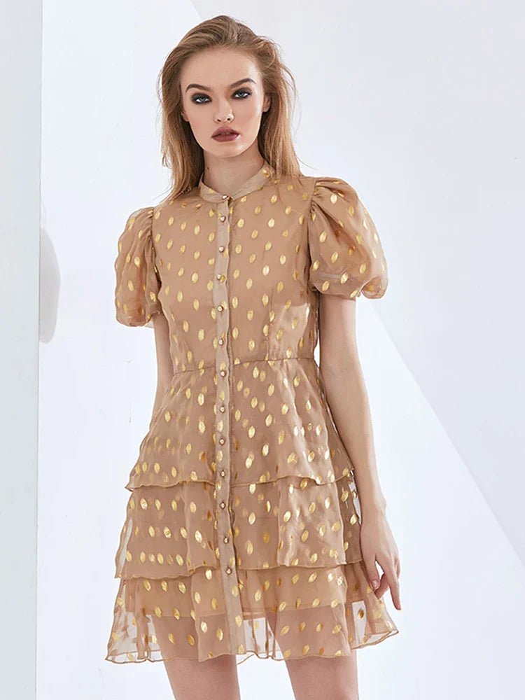 Flowering Girl Women polka Dot Layered Print Mini Dress in kahki