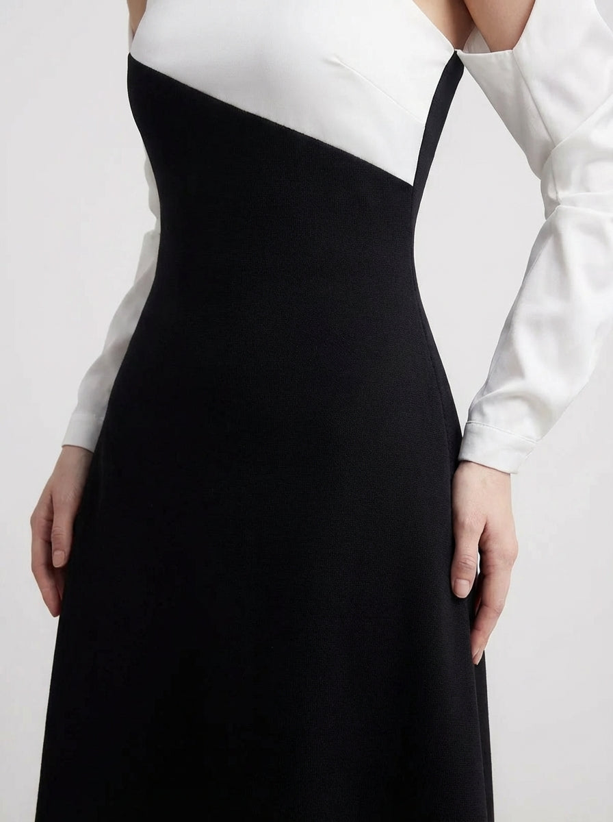 A-Line Long Sleeved Silk Taffeta Midi Dress