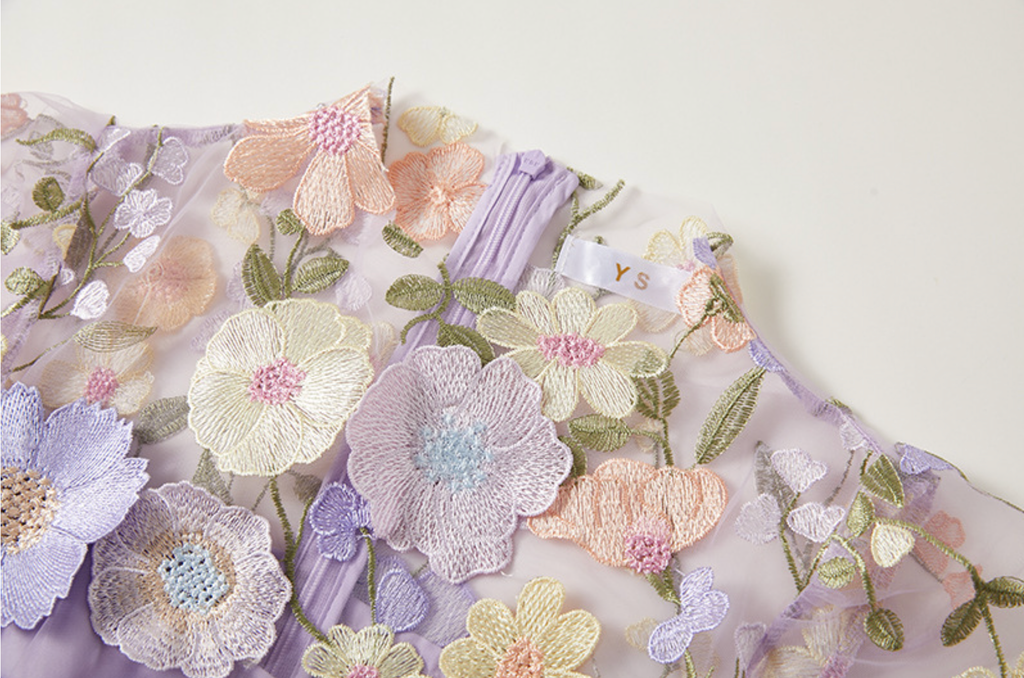 Flowering Girl Women FLORAL EMBROIDERY MESH FISHTAIL MIDI DRESS IN PURPLE