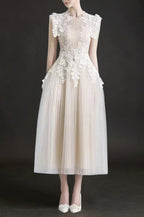 floral appliqué bodice sleeveless midi dress in beige