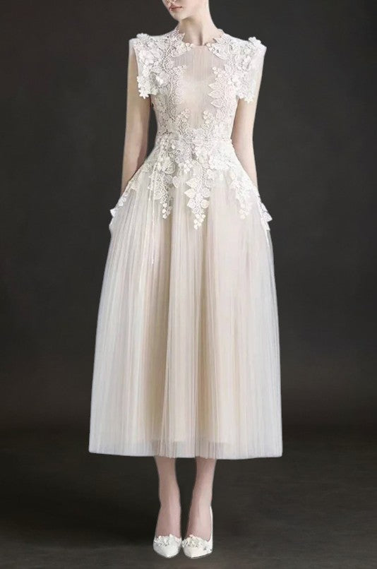 floral appliqué bodice sleeveless midi dress in beige