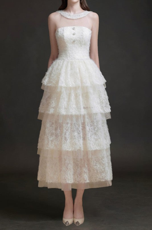 alison mesh stitching layer dress in white