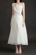 Strapless Layered Organza Midi Dress in white