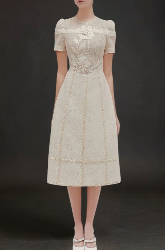 hermosa 3d floral embroidered hollow midi dress in apricot