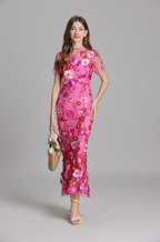 Flowering Girl Women CAROL ROSE RED FLORAL EMBROIDERY MESH FISHTAIL MIDI DRESS