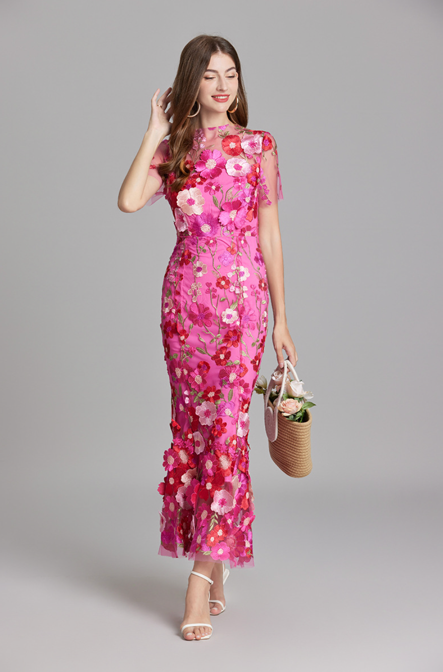 Flowering Girl Women CAROL ROSE RED FLORAL EMBROIDERY MESH FISHTAIL MIDI DRESS