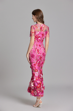 Flowering Girl Women CAROL ROSE RED FLORAL EMBROIDERY MESH FISHTAIL MIDI DRESS