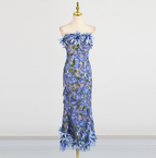 Flowering Girl Women 3D flower embroidery strapless midi dress in blue