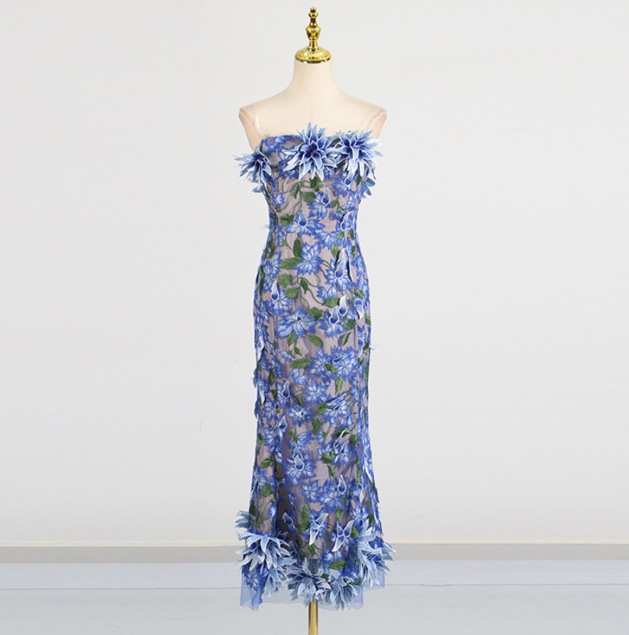 Flowering Girl Women 3D flower embroidery strapless midi dress in blue