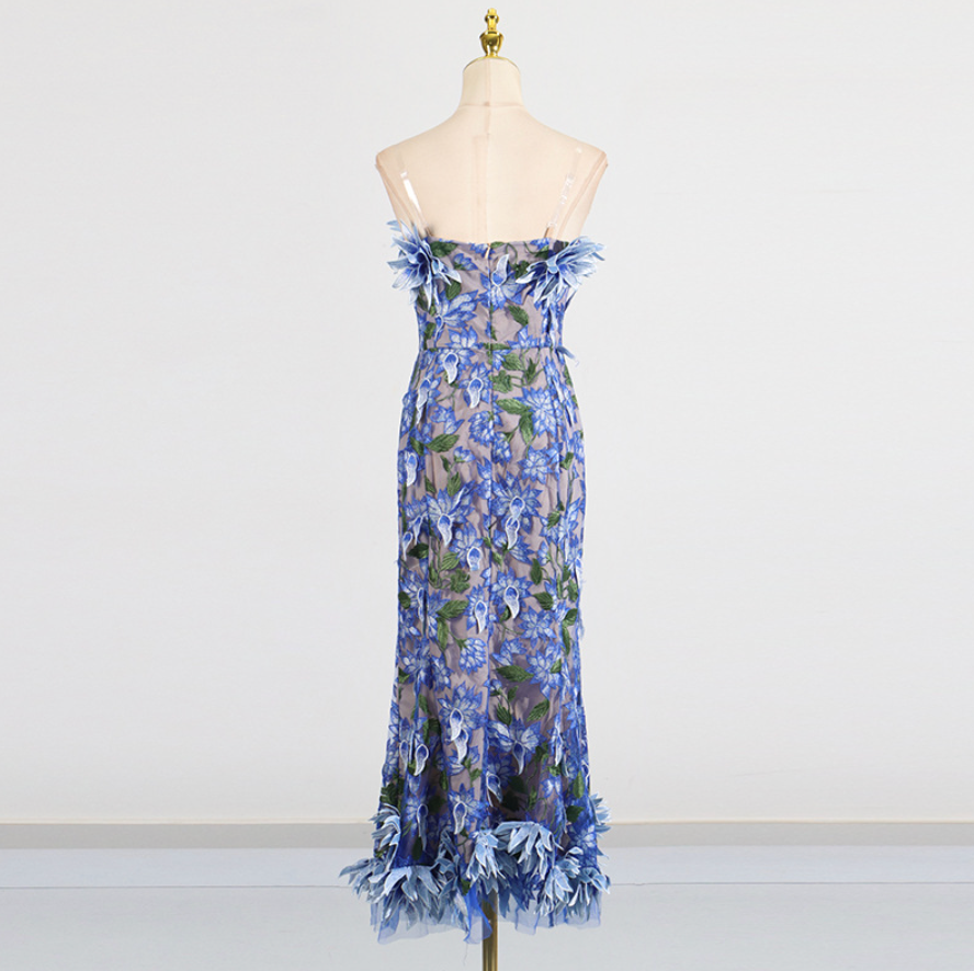 Flowering Girl Women 3D flower embroidery strapless midi dress in blue