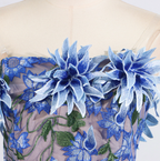 Flowering Girl Women 3D flower embroidery strapless midi dress in blue