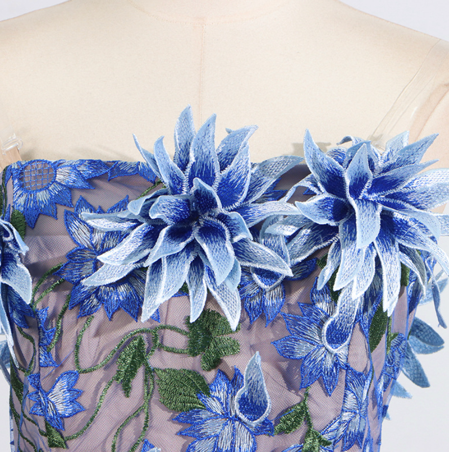 Flowering Girl Women 3D flower embroidery strapless midi dress in blue