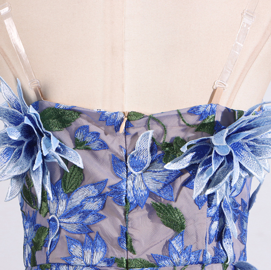 Flowering Girl Women 3D flower embroidery strapless midi dress in blue