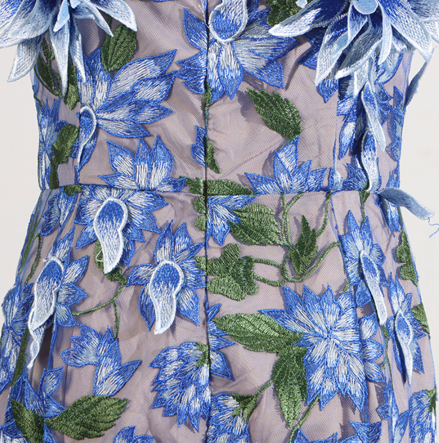 Flowering Girl Women 3D flower embroidery strapless midi dress in blue