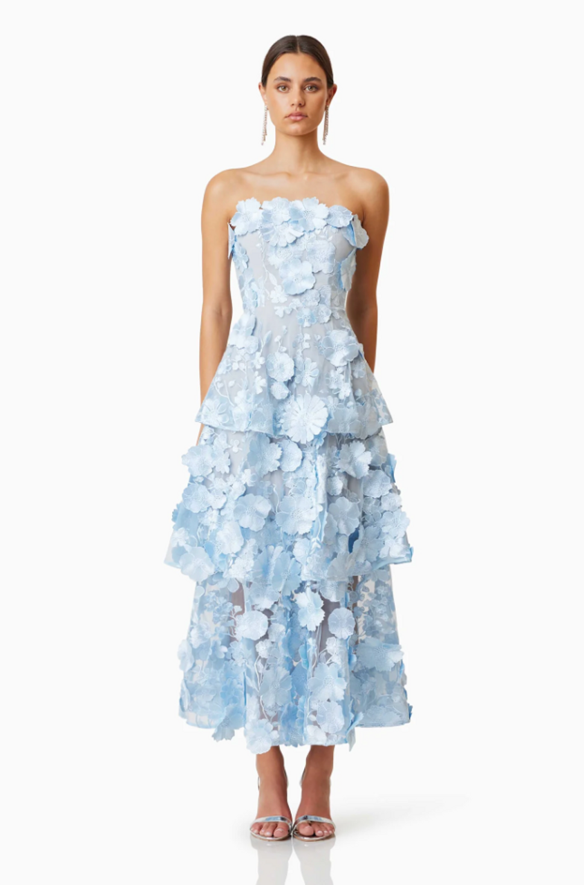 Flowering Girl Women Selene 3D flower Tiered Maxi Dress In Blue