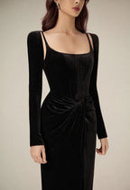 Flowering Girl Women Black Velvet Draped midi Dress