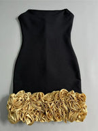 Flowering Girl Women Strapless Gold 3D Floral Mini Bandage Dress