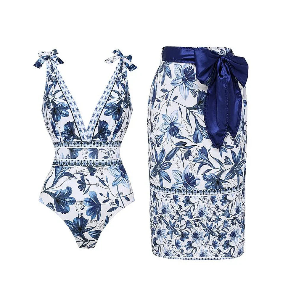 Flowering Girl Women V-Neck Lace Patterned Printed One-Piece Swimsuit and Skirt