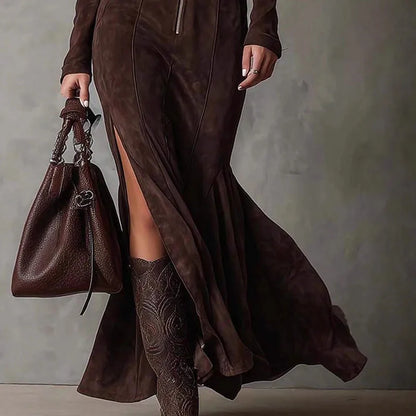Belt Solid Long Sleeve Slim Fit Maxi Dress