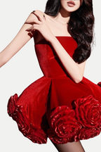 Flowering Girl Women Sebast Flower Strapless Velvet Mini Dress in Red