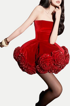 Flowering Girl Women Sebast Flower Strapless Velvet Mini Dress in Red