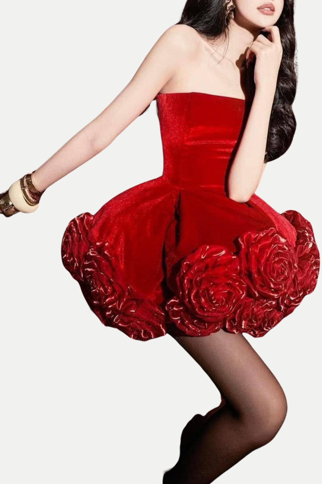 Flowering Girl Women Sebast Flower Strapless Velvet Mini Dress in Red