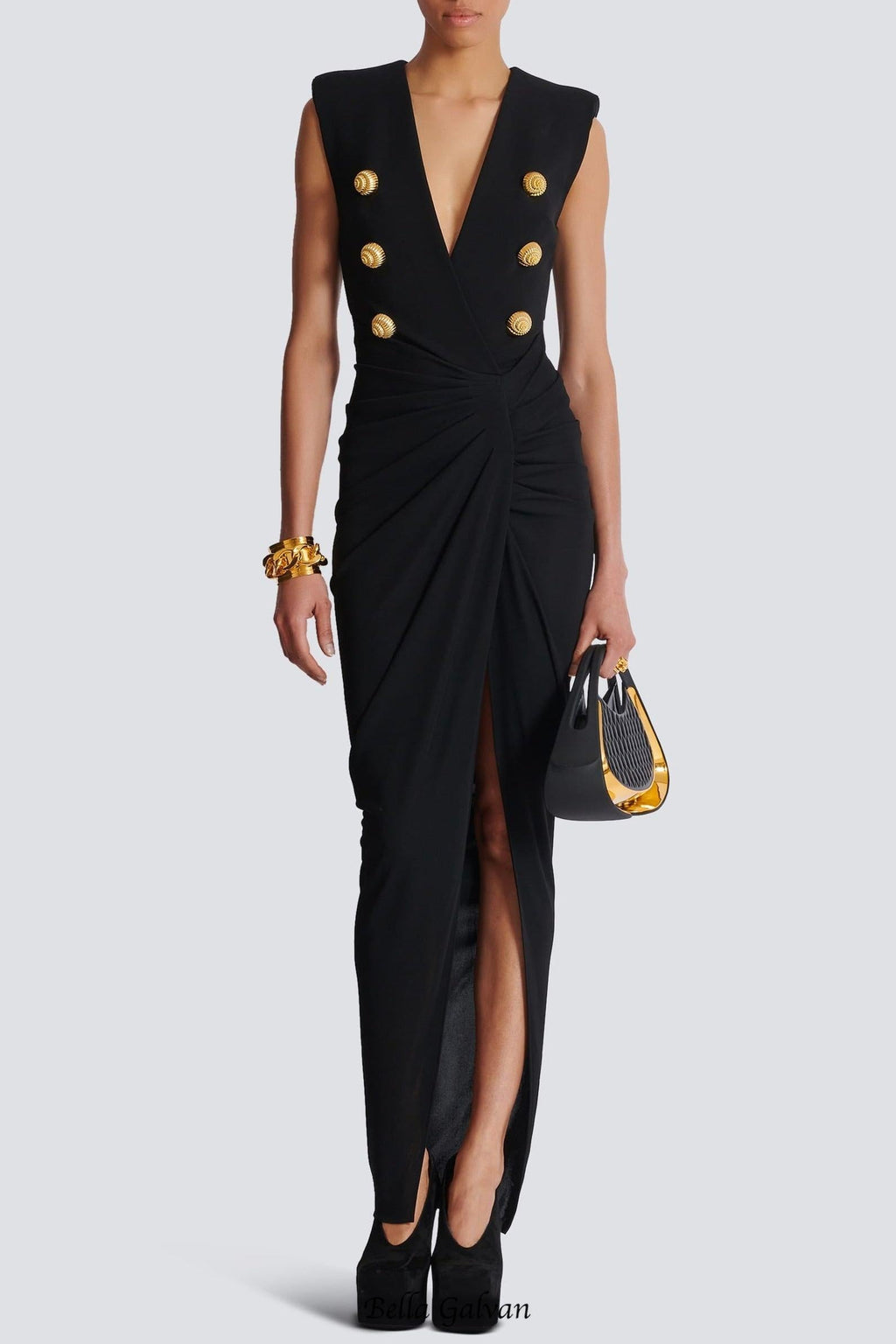 Flowering Girl Women Deep-V Sleeveless Ruched Slit Maxi Dress in black