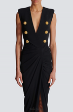 Flowering Girl Women Deep-V Sleeveless Ruched Slit Maxi Dress in black