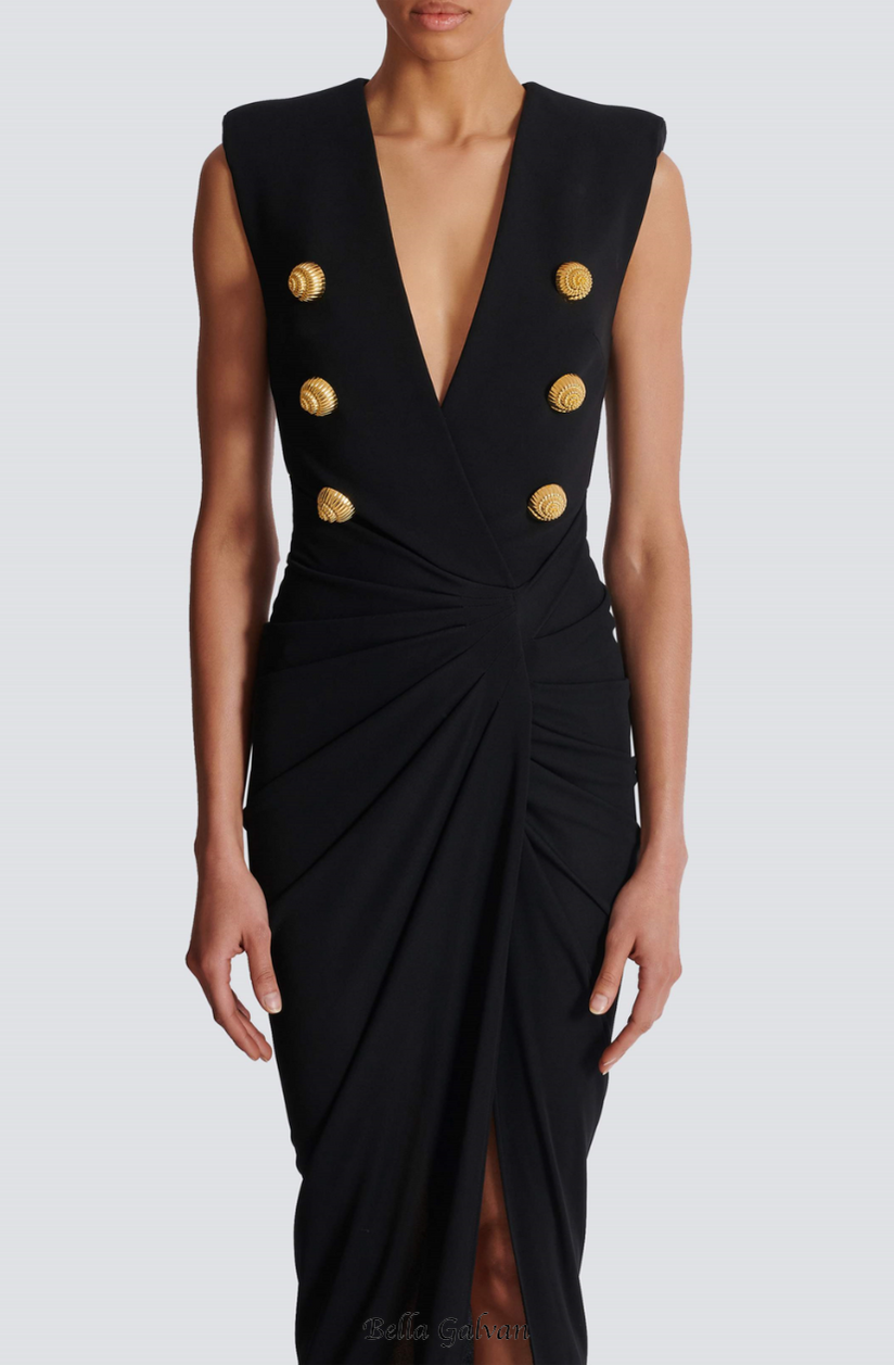 Deep-V Sleeveless Ruched Slit Maxi Dress in black