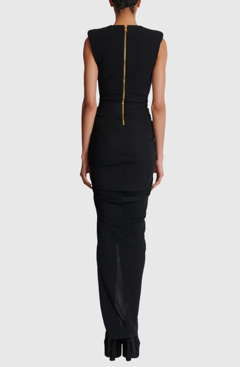 Flowering Girl Women Deep-V Sleeveless Ruched Slit Maxi Dress in black