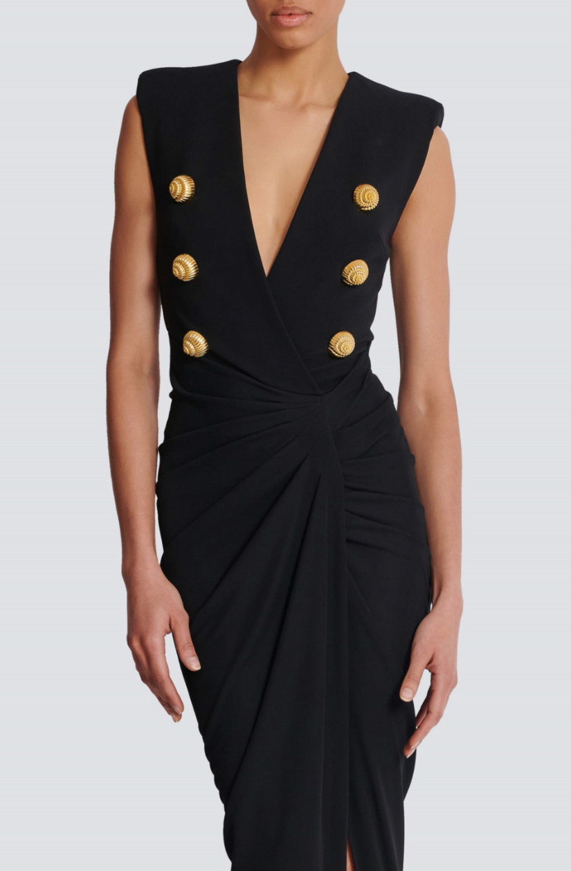 Flowering Girl Women Deep-V Sleeveless Ruched Slit Maxi Dress in black