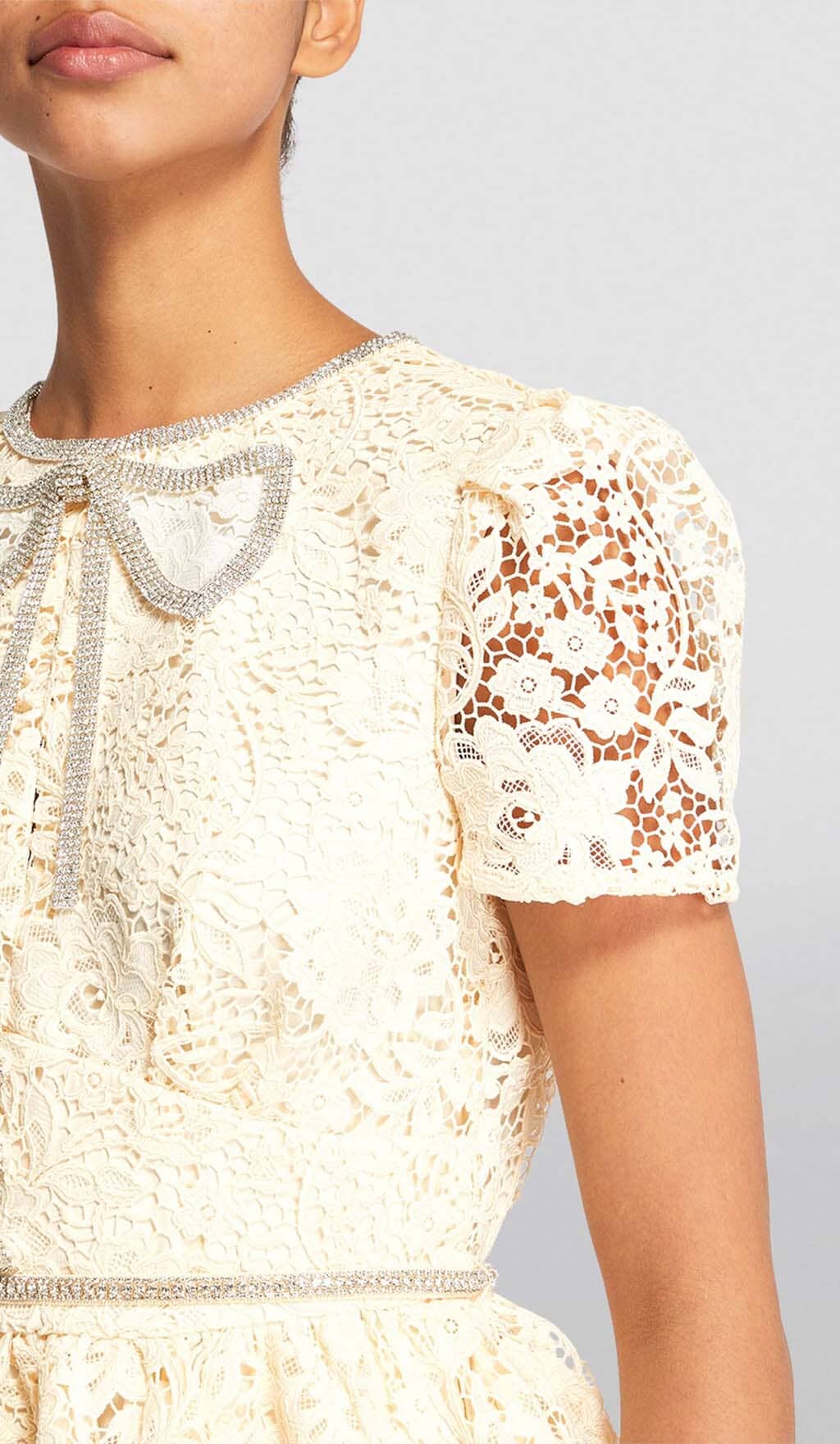 Flowering Girl Women Lace Bow Mini Dress In Cream Yellow